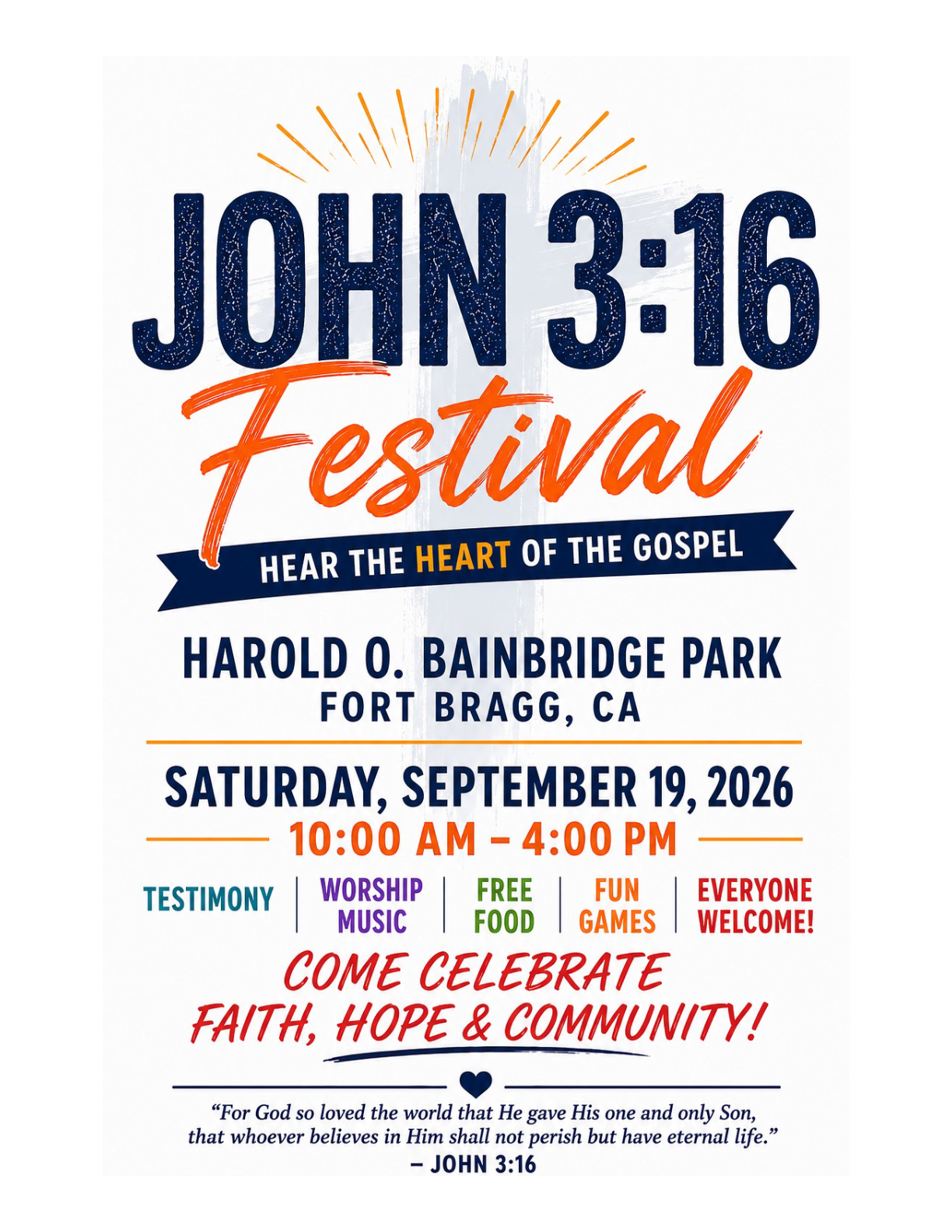 John 3:16 Festival flyer — Saturday, September 19, 2026 at Harold O. Bainbridge Park, Fort Bragg